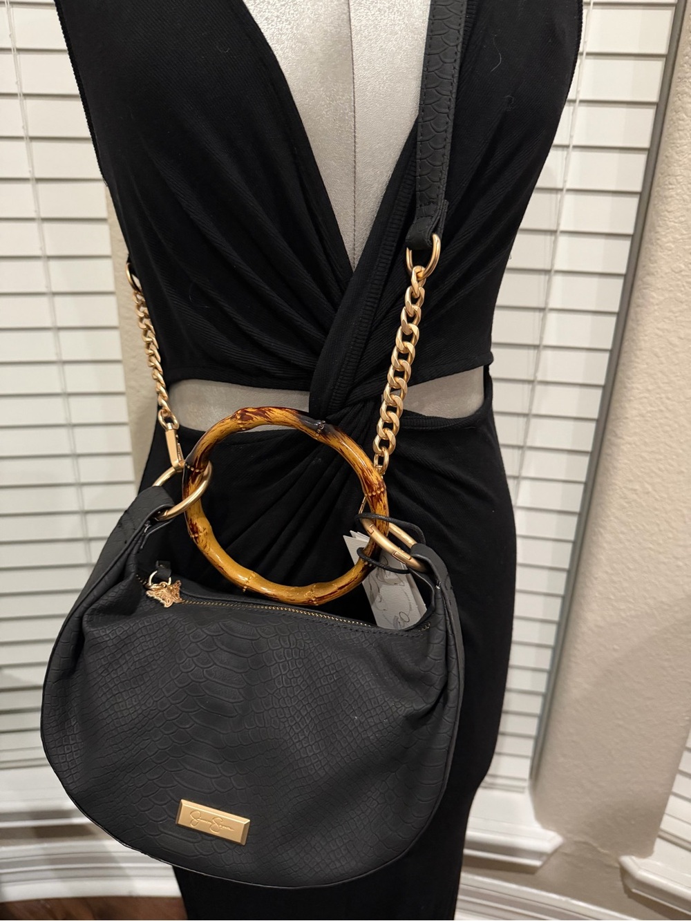 Jessica Simpson Black Crossbody Bag with Tortoiseshell Ring Handle